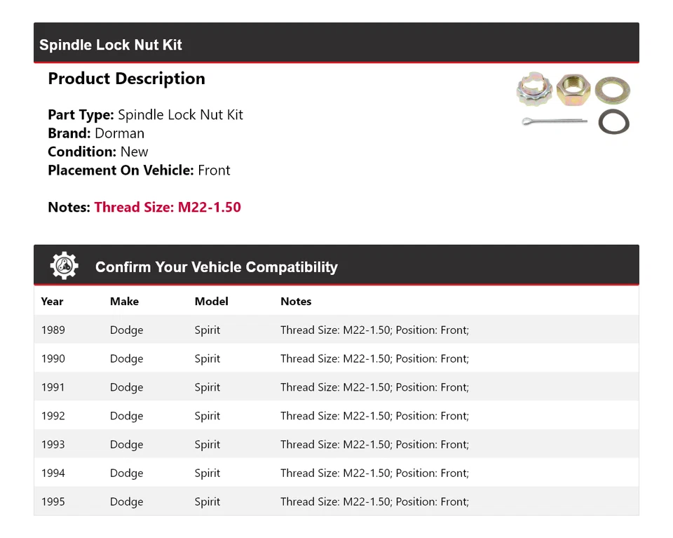 Kit de tuercas de bloqueo de husillo delanteras 1990 1991 1992 1993 Dodge Spirit Dorman 1989-1995 Foto 2 de 4