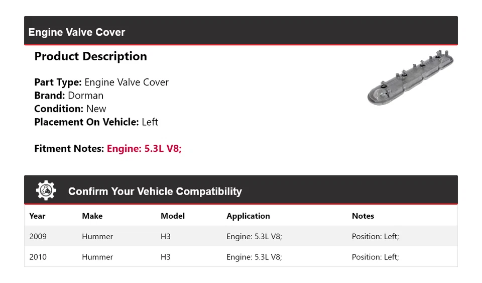 Cubierta de válvula de motor Dorman V8 5,3 L Hummer H3 2009-2010 izquierda Foto 2 de 4