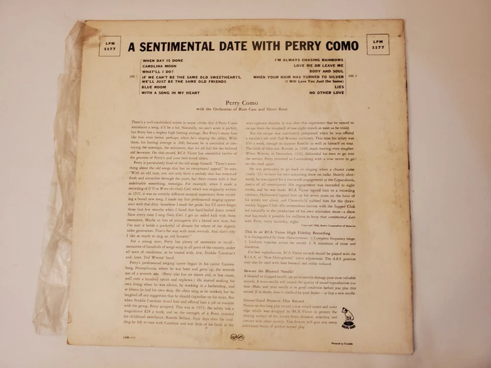 Perry Como - A Sentimental Date with Perry Como (Vinyl Record LP) - Image 2 of 2