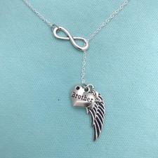 Brother Guardian Angel Heart n Wing Memorial Silver Lariat Style Y Necklace.