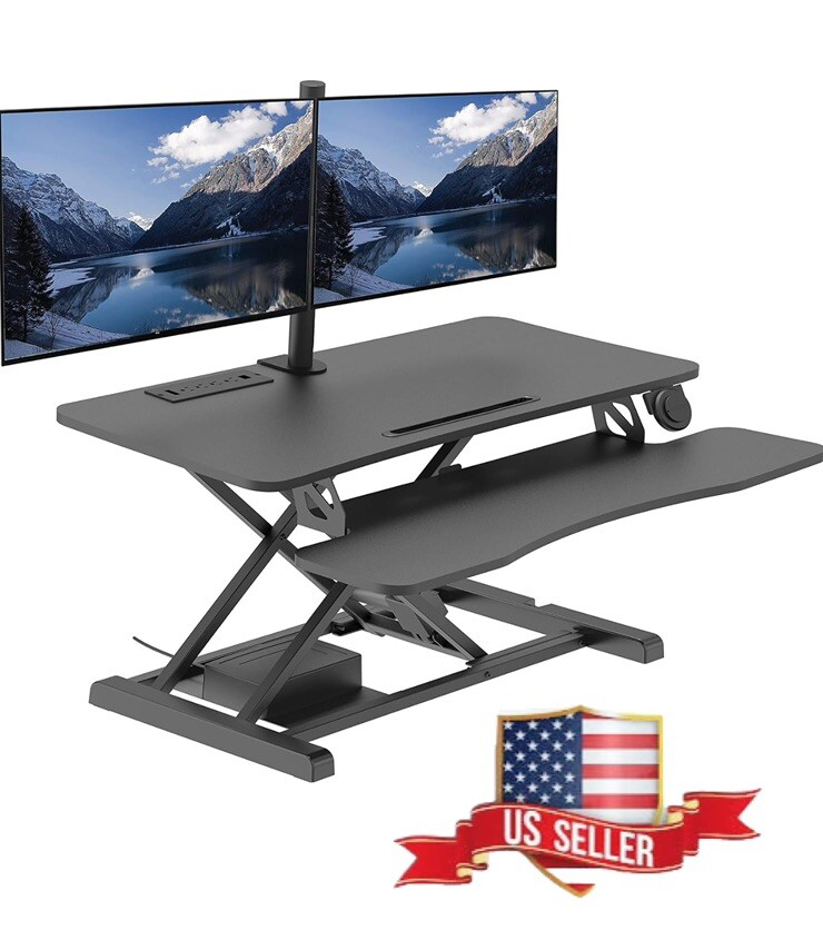 Rocelco 37.4 Electric Standing Desk Converter with Dual Monitor Arm in Black-image