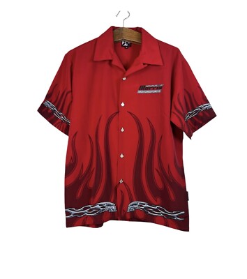 Vintage Dragonfly Shirt Men's Red Black Flame Dragon Camp Collar Rockabilly  Sz M