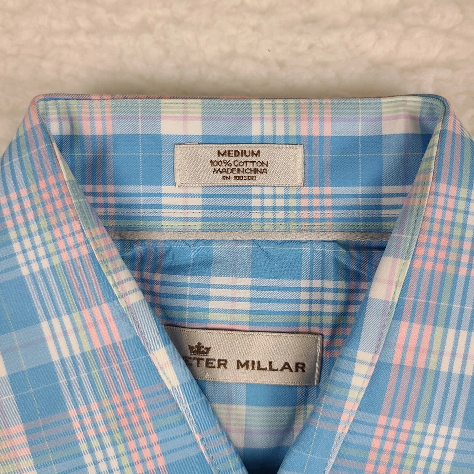 Peter Millar Shirt Mens Medium Blue Pink Green Plaid Dress Button Up - Image 4 of 4
