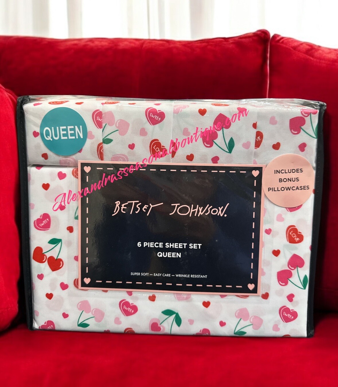 BETSEY JOHNSON Sweet Tart Heart Cherries Valentine's Queen 6 PC Bed Sheet Set