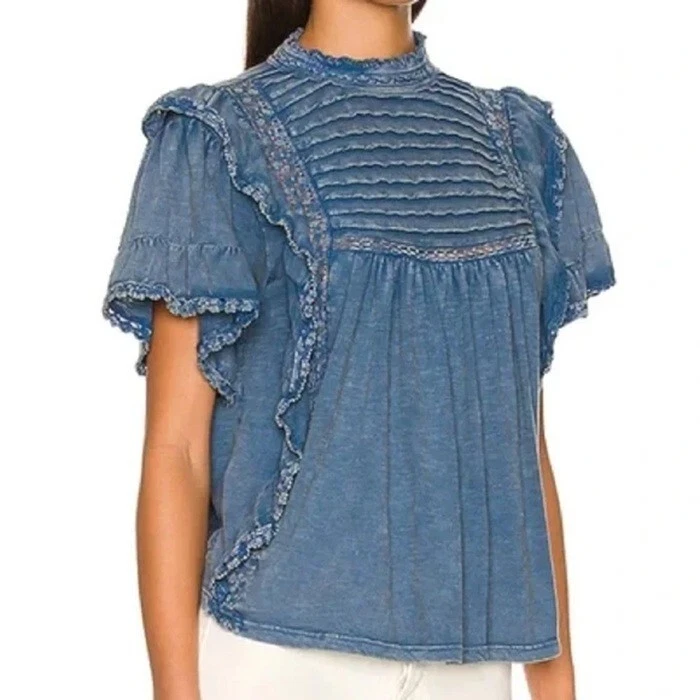 Top de ganchillo con volantes Free People Le Femme estilo boho con mangas cortas azul XS