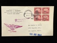 NY NEW YORK AUG 22 1923 #C6 BLOCK/4 NEXT DAY COVER NIGHT AIR MAIL WORDEN CC
