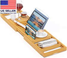 Luxury Bamboo Bathtub Tray - Wooden Expandable Caddy with Book, Tablet, Wine Hol