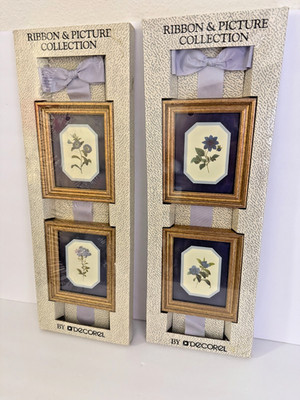 Vintage 4pc Botanical Art Blue Flower Print Lithography Ribbon Decoration