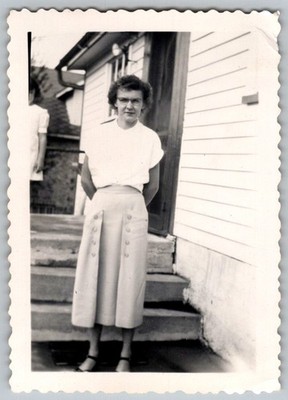 Vtg B&W Snapshot Woman in Glasses And Button Front Skirt On Porch Steps 1950s