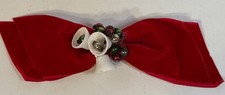 Christmas Red Velvet Hair Bow W/white Bells/Beads 6  Across