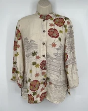 Poeme By Citron Santa Monica Silk Blend Asian Floral Mandarin Collar Size Medium