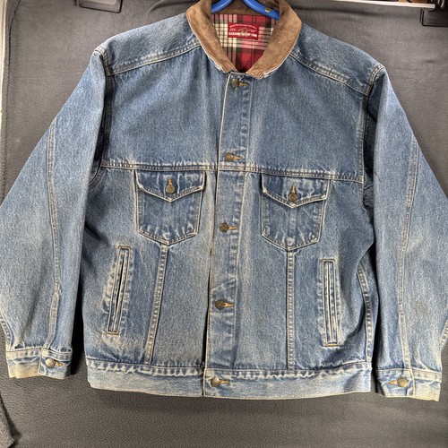 Marlboro, VTG 90s Marlboro Country Store Denim Jacket Leather Collar Size L Large