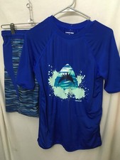 Boys XL swim trunks and rashguard swim shirt; Land's End; blue shark