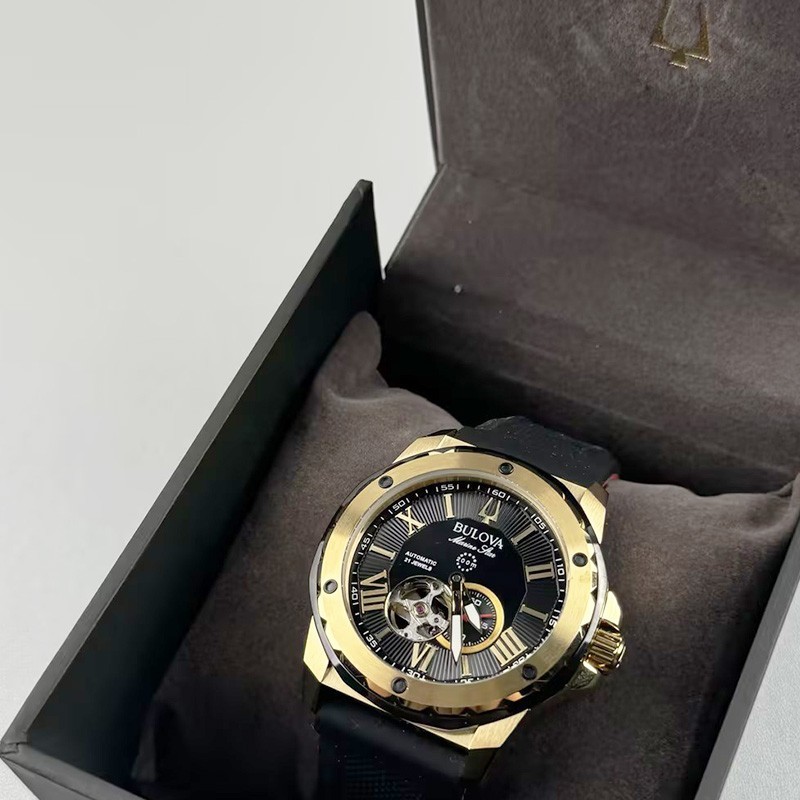 Bulova Marine Star 98A272 Automatic Men's Watch Black Gold Dial Rubber ...