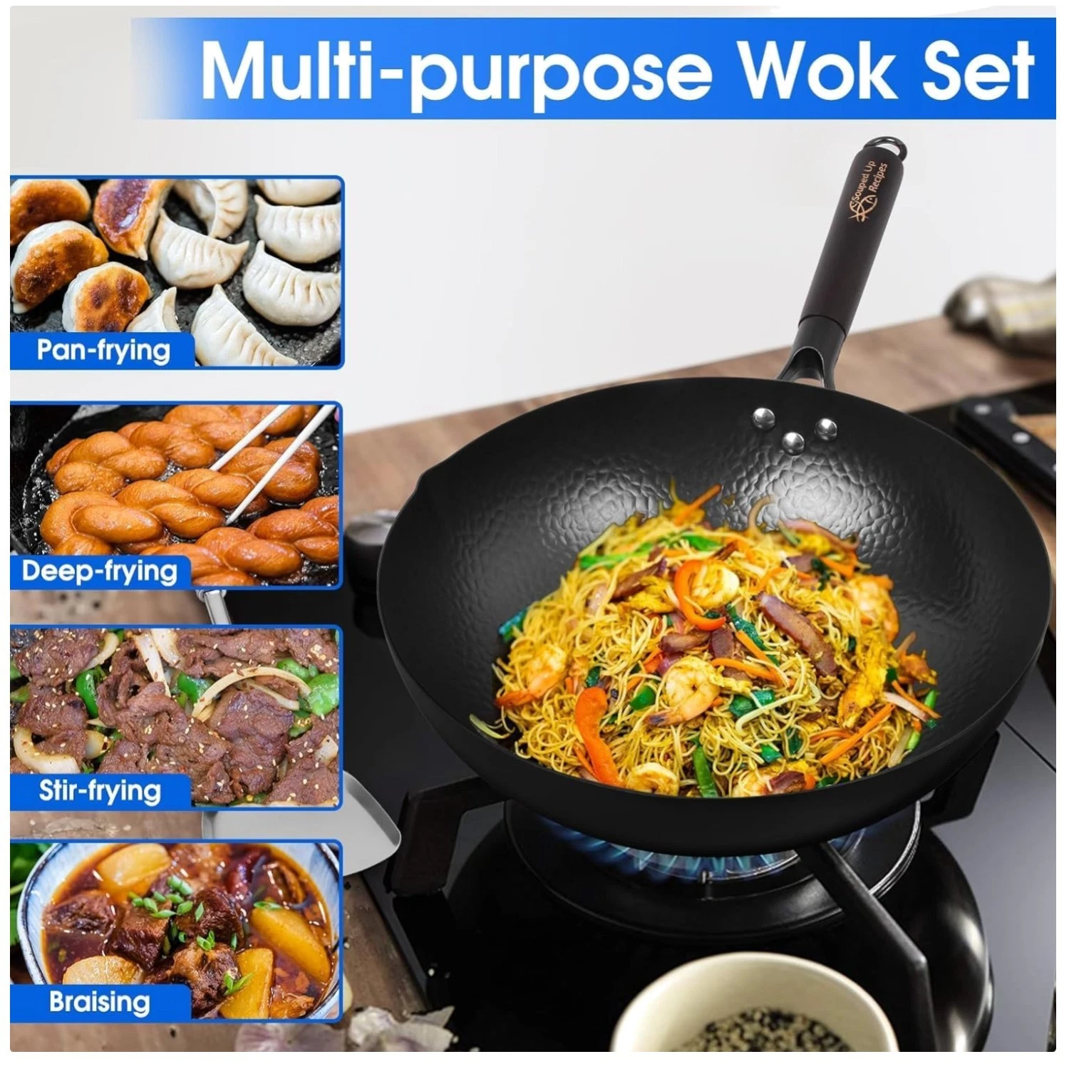 12.5" Carbon Steel Wok Set with Lid & Spatula