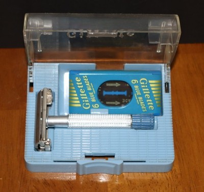 VTG GILLETTE Super Speed Flair Tip BLUE CASE DE Safety Razor St. Steel A1