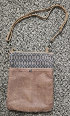 Myra Bag Compact Zip Purse Crossbody/Shoulder Satchel Leather & Slate Canvas $50