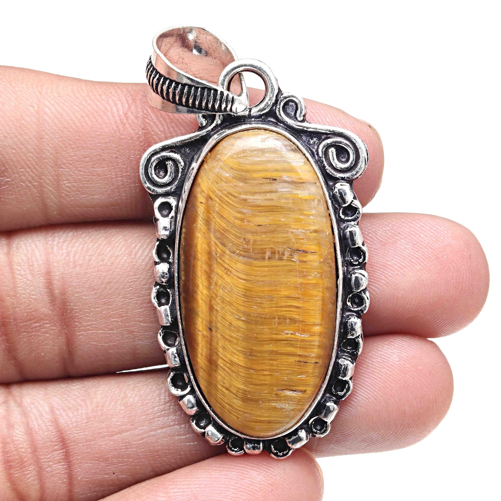 Tiger's Eye Gemstone Silver Pendant Valentine's Day Jewelry 2.25 Inches