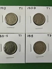 Lot of 4 Buffalo Nickels 1913 Type 1, 1913-D Type 1, 1913-S Type 1, 1913 Type 2