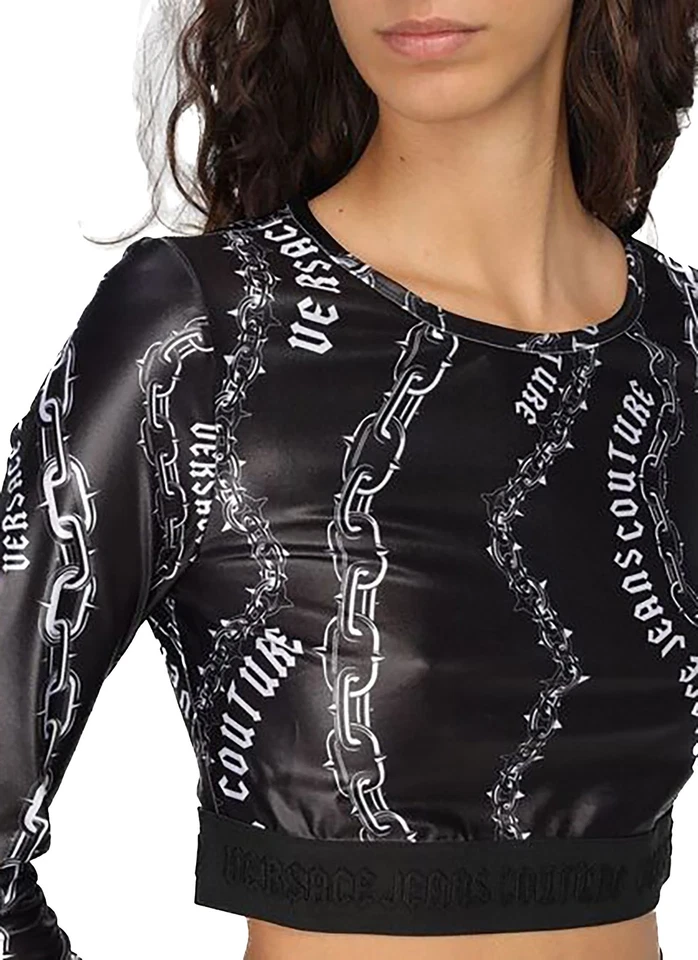 Blusa cropped Versace Jeans Couture preta manga longa estampa corrente - - Imagem 3 de 4