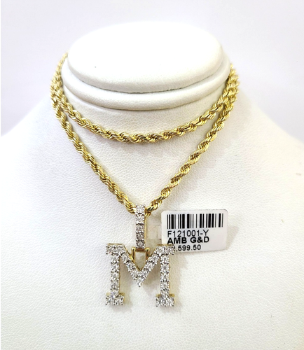 10k Rope Chain M Diamond Initial Charm Necklace Pendant Set 2mm 18
