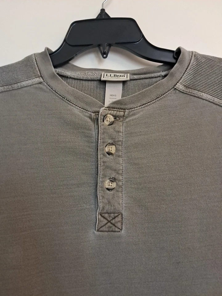 VTG L.L. Bean Mens Sz L Henley Long Sleeve Shirt Green 100% Cotton Button Grunge - Image 3 of 4