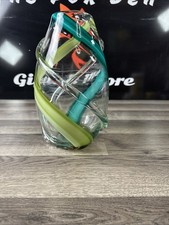 Teal And Green Swirl Hand Blown Glass Vase With Applied Clear Glass Swirl.