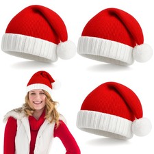 Red Knitted Christmas Santa Hat Beanie For Adult Women Men Holiday Party