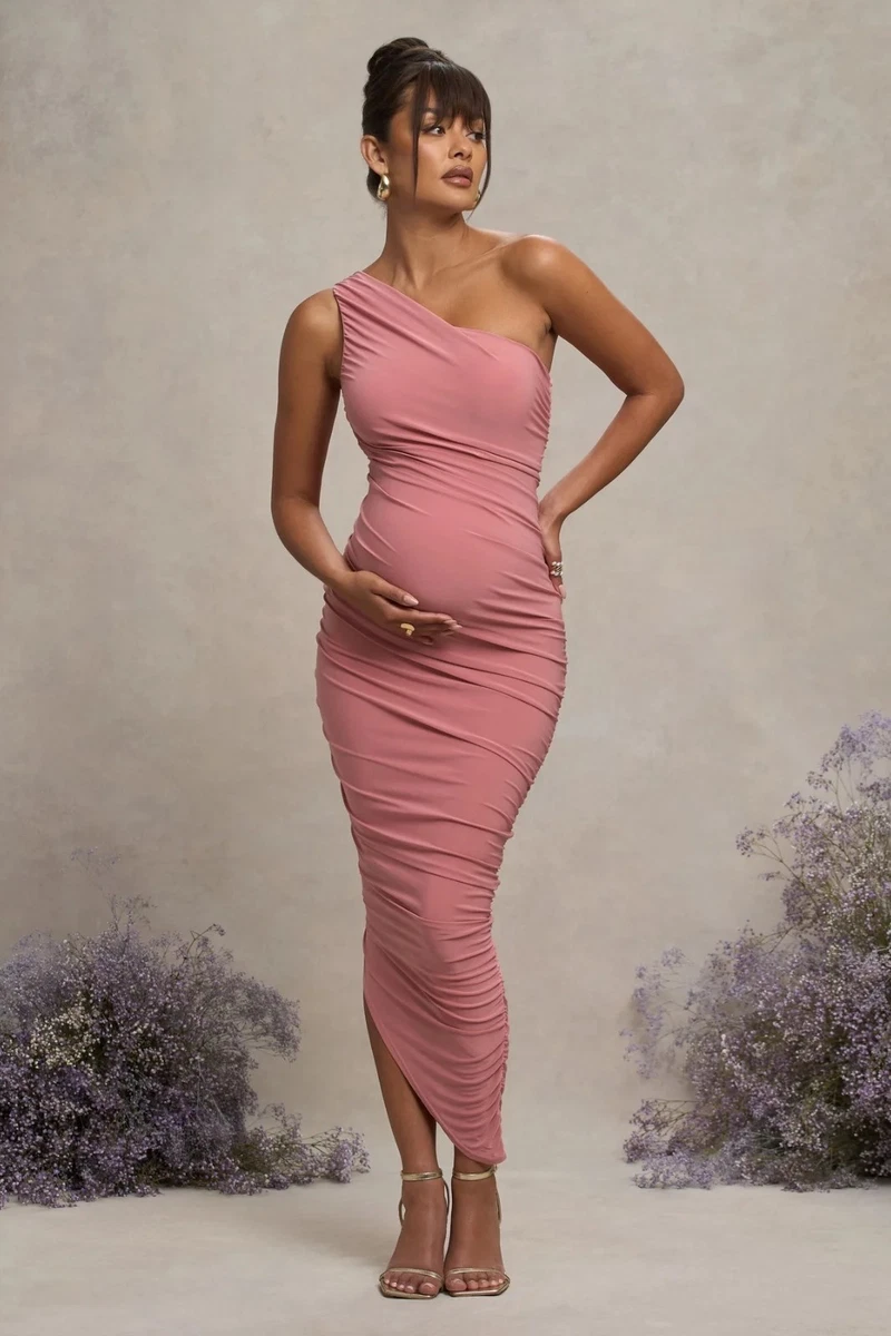 strapless open back dress Momyknows Satin Big Bow One Shoulder A-line Elegant Maternity Baby Shower  Maxi Dress main image 1