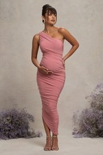 CLUB L LATE NIGHT Blush Pink Maternity Ruched One Shoulder Midi Dress 8US 12UK