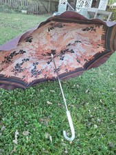 Vtg Umbrella Parasol Plum Foliage Scallop Trim Pearl Bakelite Handle Retro Mod