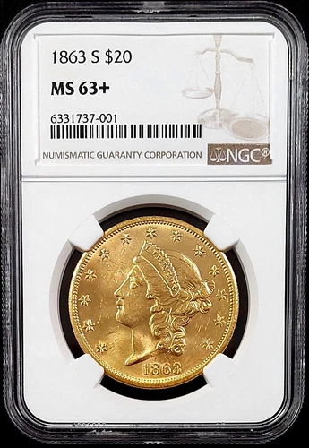 1863 S Liberty Head $20 Gold coin certified MS 63+ by NGC! Pop 1, None Finer!
