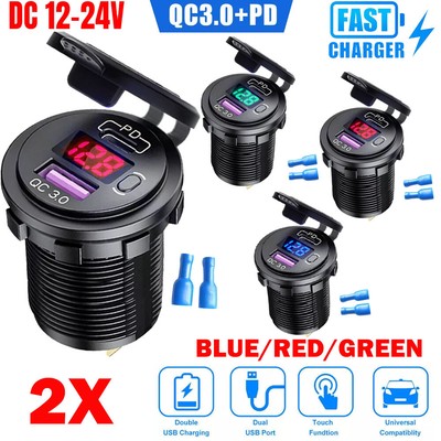 2PC 12V QC3.0 Dual USB Car Fast Charger Socket Adapter LED Voltmeter Waterproof