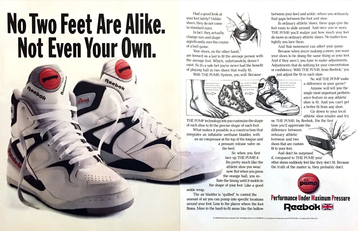 1990 Reebok THE PUMP Shoes &#034;Molds to Your Foot&#034; 2-page print ad eBay