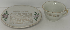 Vintage Porcelain Teacup & Saucer Mother & Dad Gold Rimmed