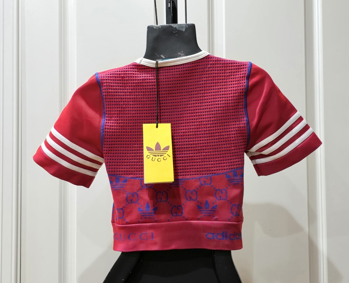 GUCCI x Adidas Top Cropped Shirt Jersey Jacquard S Small Red Blue 