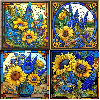 5D DIY Full Square Drill Diamond Painting Flower Stained Glass Kit Home ...