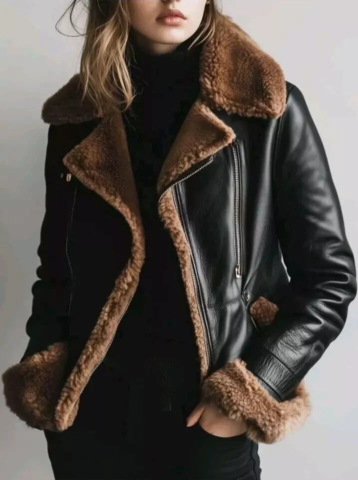 ZARA BROWN DOUBLE-FACED SHORT FAUX LEATHER SHEARLING FUR AVIATOR