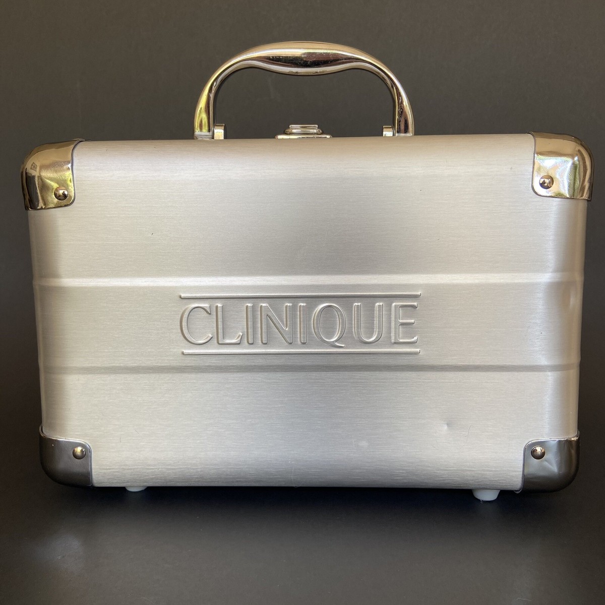 Clinique Cosmetic Train Case Silver Metal Makeup Organizer - RARE