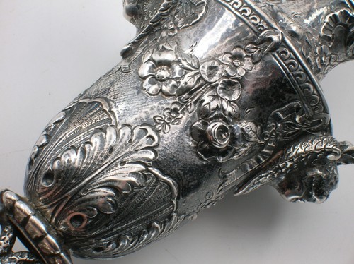 18TH C. PAIR OF LARGE HIGH GRADE SILVER FRENCH REPOUSSE CASTERS - 7" TALL - B/O - Picture 10 of 20
