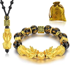 Feng Shui Pi Xiu Bracelet Necklace Set 12mm Gemstone Wealth Good Luck Gift