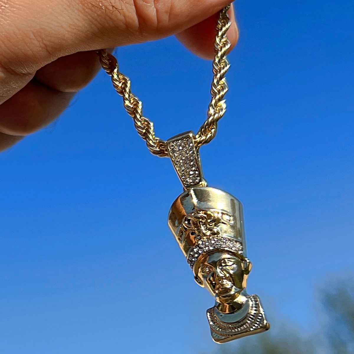 14K Gold Plated Egypt Queen Nefertiti Iced Bling Out Simulated CZ