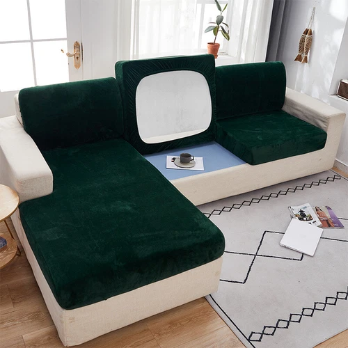 Velvet Sofa Seat Cushion Cover Thick Solid Soft Stretch Sofa Plush Slipcovers - Picture 11 of 15