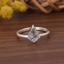 Kite Shape Black Rutile Silver Ring Delicate Anniversary Gift For Wife