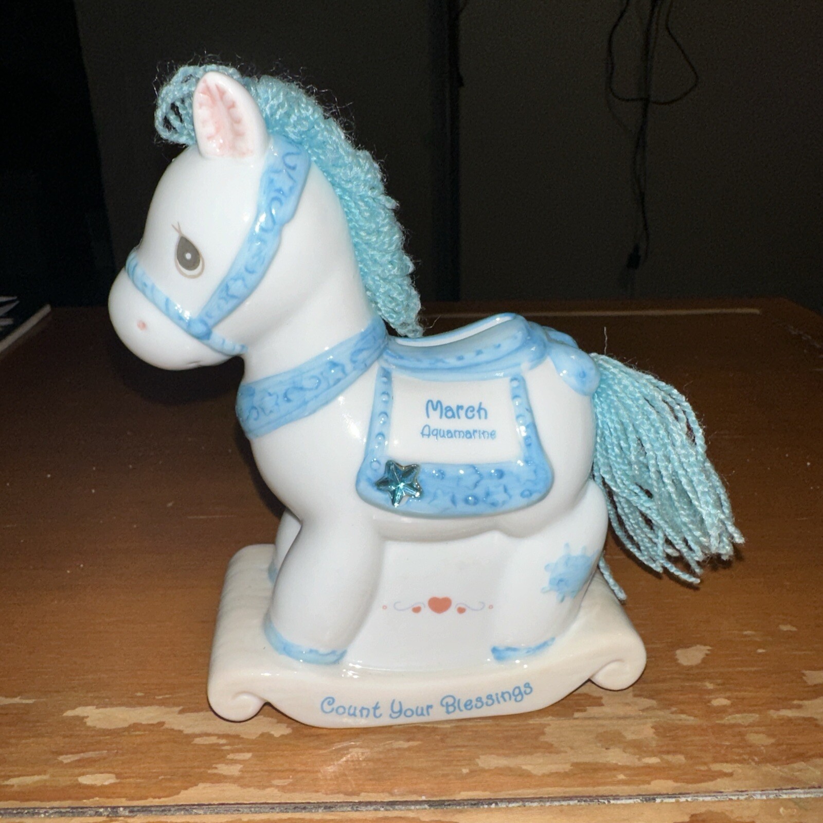 2000 Precious Moments March Birthstone Aquamarine Rocking Horse Blue Boy Bank