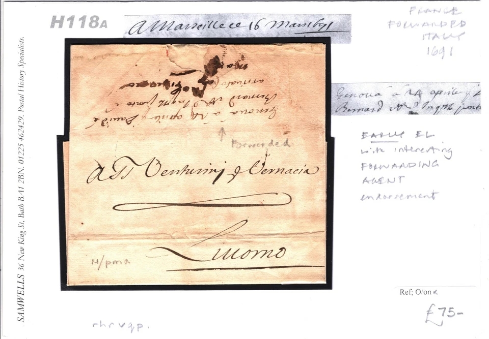 FRANCIA TEMPRANA EL ITALIA Génova REENVIADO Livorno AGENTE RESPALDO 1691 H118a Foto 2 de 4