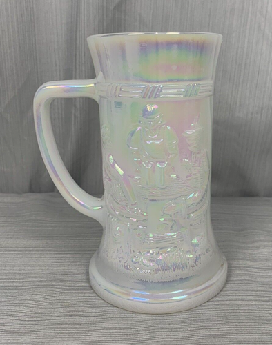 Federal Iridescent Carnival Glass, White Beer Stein Mug, Tavern Scene, 6" tall - Picture 3 of 8