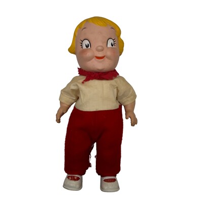 Vintage 1960er Campbell's Soup Kid Puppe 10'' Gummi Gesicht - rotes Outfit - lesen
