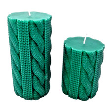 Set of 2 Green Velvet Scented Knit Sweater Pillar Candle One 4"x3" one 6"x3"