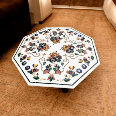 Octagon White Marble Sofa Center Table Hand Carved Semi Precious Stone Inlay